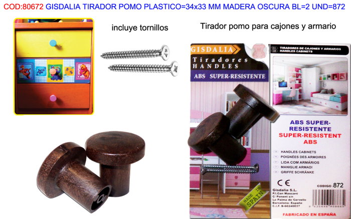 GISDALIA Pommeau de tirador FS en plastique et bois 34x33 mm GISDALIA Pommeau de tirador FS en plastique et bois 34x33 mm