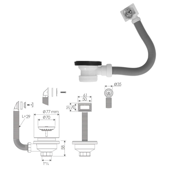 ABRISA Valve de vidage pour évier Ø 70 mm avec trop-plein