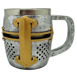 PUCKATOR Jarre ou cruche décorative Médiéval, casque en argent et or doré, en résine et acier inoxidable, pour décoration ou collection, dimensions 10 x 14 x 10 cm