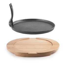 Ibili Plat en fonte ø26 cm avec pince et base en bois de hêtre