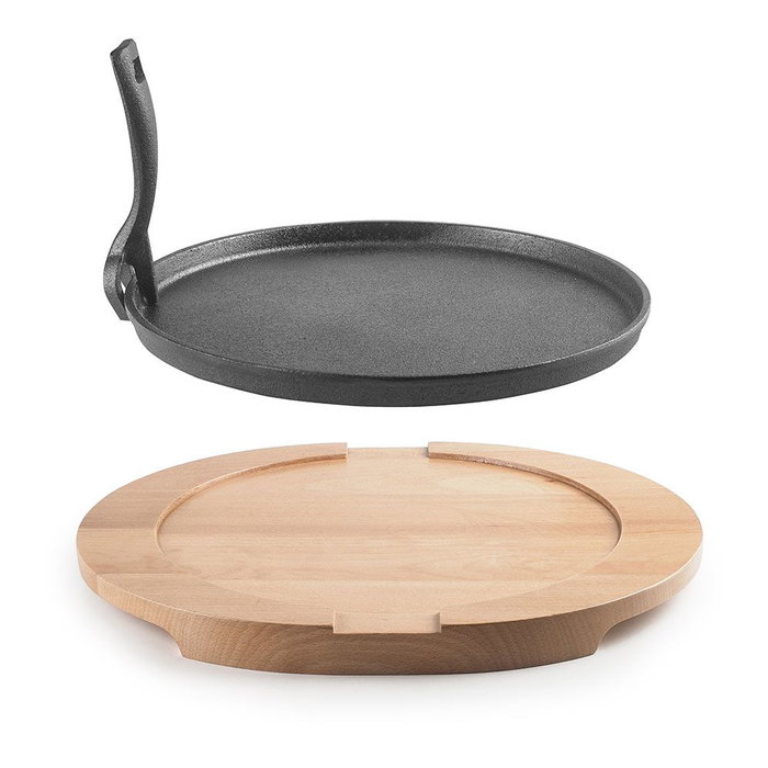 Ibili Plat en fonte Ø 26 cm avec pince et base en bois de hêtre Ibili Plat en fonte Ø 26 cm avec pince et base en bois de hêtre