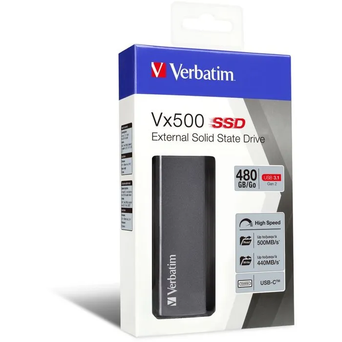 Verbatim VX500 SSD Externe Portable USB 3.2 NVMe, 480 Go, Gris Sidéral Aluminium, pour Ultrabook et PC