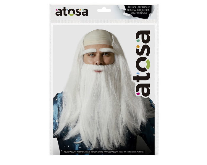Fausse barbe et perruque grise longue 160 g pour déguisement de personnage légendaire (mage, druide, sage, Père Noël)