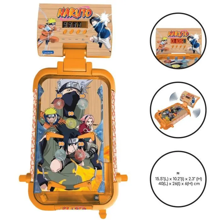 Lexibook - Flipper électronique de table Naruto avec écran LCD, sons et lumières, 4 flippers et bumpers, jeu pour enfants dès 6 ans