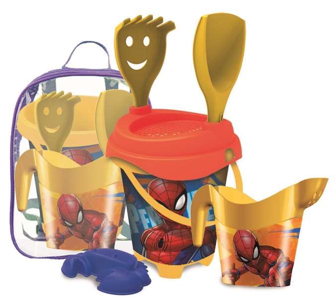 Unice Mochila cubo de playa Spiderman avec tamis, pelle, râteau et moules 18 cm PVC dès 2 ans
