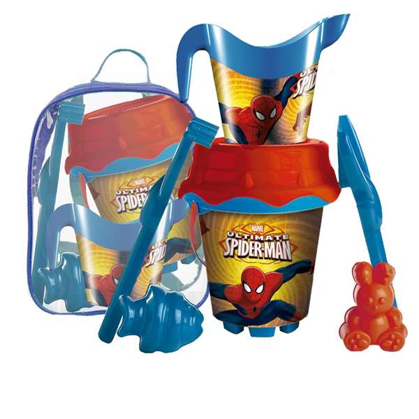 Unice Mochila cubo de playa Spiderman avec tamis, pelle, râteau et moules 18 cm PVC dès 2 ans