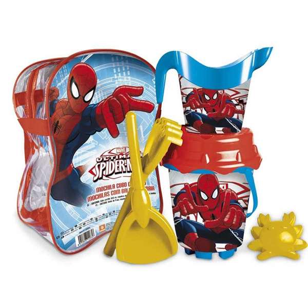 Unice Mochila cubo de playa Spiderman avec tamis, pelle, râteau et moules 18 cm PVC dès 2 ans