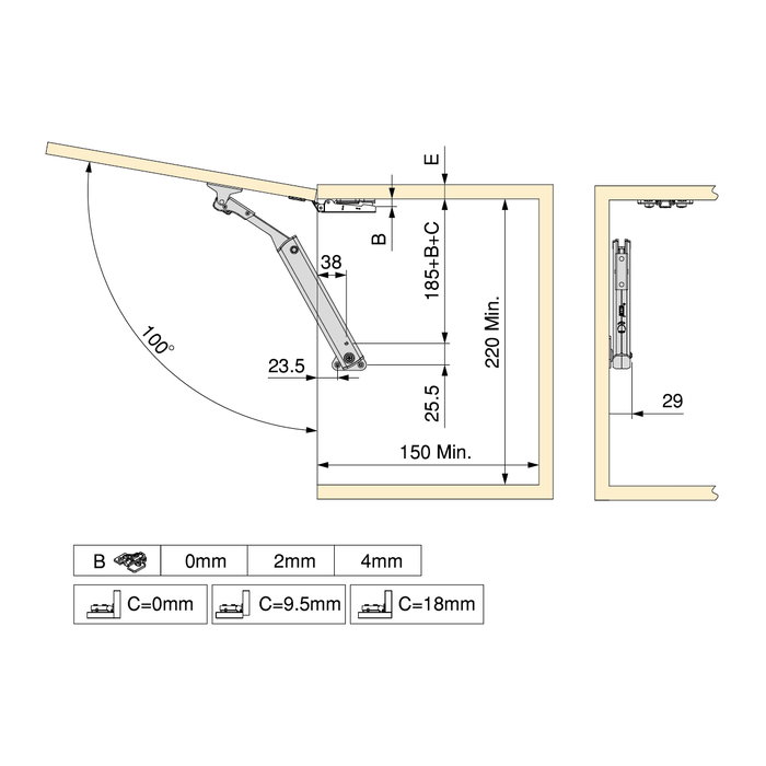 Emuca Compas pour portes levantes Altius One, Gamme de force 940-1710, Acier, Titane
