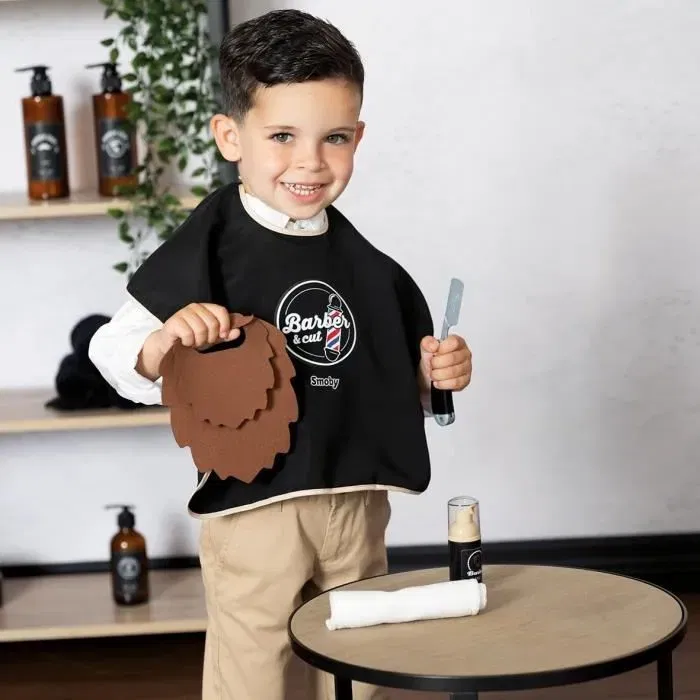 Smoby - Set Barbier Barber and Cut Première Barbe avec Barbe en Feutrine, Cape, Coupe Chou et Flacon - Jeu d'imitation pour Enfants à Partir de 8 Ans