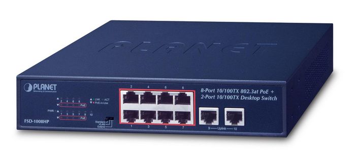 Planet FSD-1008HP - Commutateur Bureau 8 Ports PoE+ 802.3at 10/100TX et 2 Uplinks (120W), Extension 250m, VLAN, Conception Fanless Planet FSD-1008HP - Commutateur Bureau 8 Ports PoE+ 802.3at 10/100TX et 2 Uplinks (120W), Extension 250m, VLAN, Conception Fanless