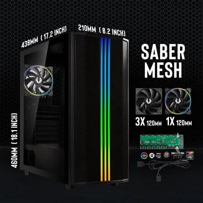 BitFenix Boitier PC Saber Mesh Noir ATX (Sans Alimentation) avec Verre Trempé et Ventilateurs LED A-RGB, Format Moyen Tour, Sans Alimentation, Compatible ATX, Micro-ATX et Mini-ITX