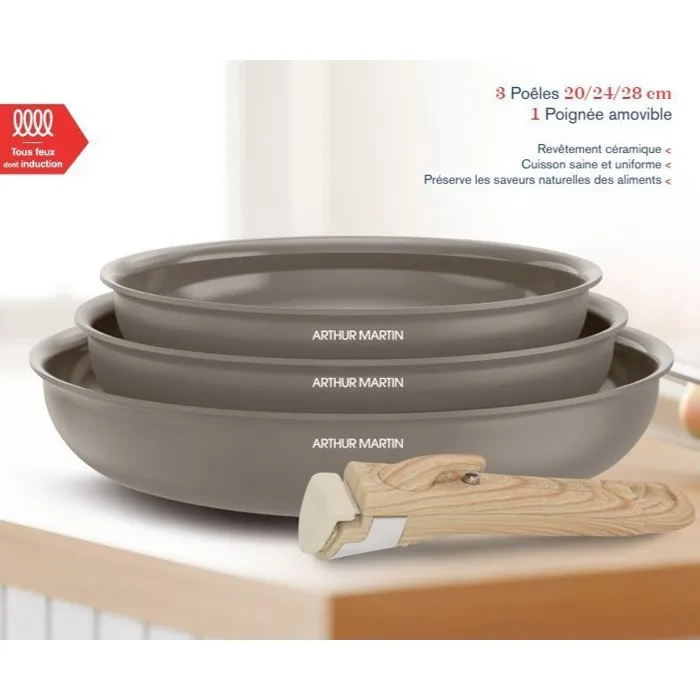 Arthur Martin - AM4587 - Set de 3 Poêles en Céramique Ø 20-24-28 cm - Poignée Amovible - Compatible Tous Feux Dont Induction - Couleur Taupe