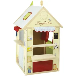 Roba Maisonnette 4-en-1 en Bois pour Jeu de Rôles, 4 Faces : Théâtre de Marionnettes, Épicerie, Poste et Banque, 138 x 94.5 x 82.5 cm, Jaune/Vert Pastel