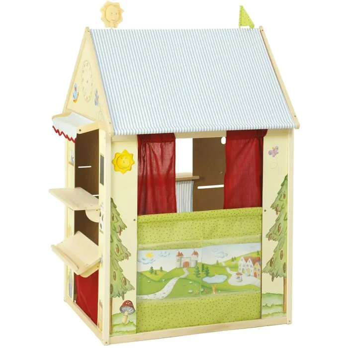 Roba Maisonnette 4-en-1 en Bois pour Jeu de Rôles, 4 Faces : Théâtre de Marionnettes, Épicerie, Poste et Banque, 138 x 94.5 x 82.5 cm, Jaune/Vert Pastel