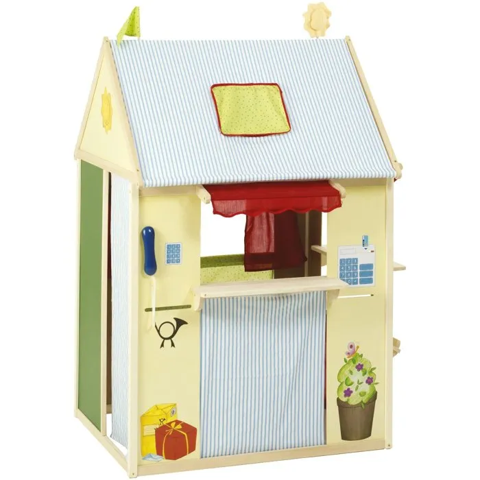 Roba Maisonnette 4-en-1 en Bois pour Jeu de Rôles, 4 Faces : Théâtre de Marionnettes, Épicerie, Poste et Banque, 138 x 94.5 x 82.5 cm, Jaune/Vert Pastel