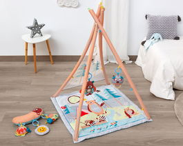 Jouet tipi-couverture d'activités Forêt pour bébé, 5 accessoires en peluche et textures, miroir, anneau de dentition, jouet évolutif 2 en 1, à partir de 2 mois