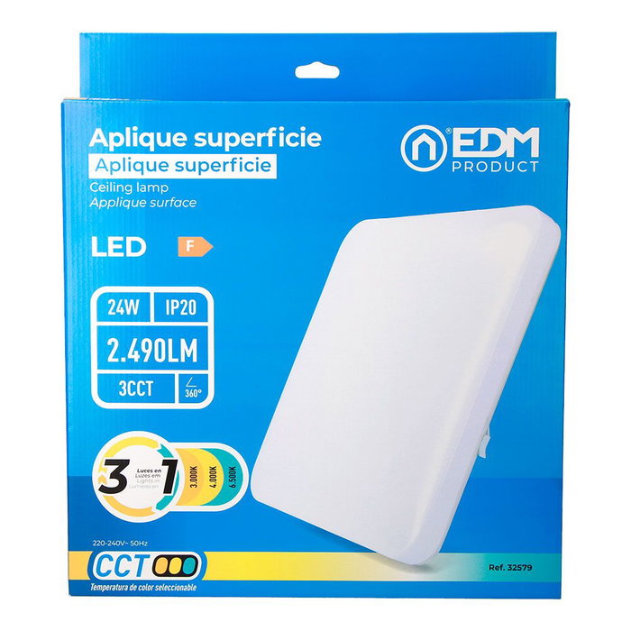 Edm Aplique LED carré extra-plat de surface 24W 3CCT 2490 lm 37x37x6,7 cm