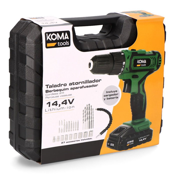 Koma Tools 14V-TA27-K Kit perceuse visseuse sans fil 14,4V lithium-ion 1,5Ah avec 27 accessoires, batterie et chargeur, coffret