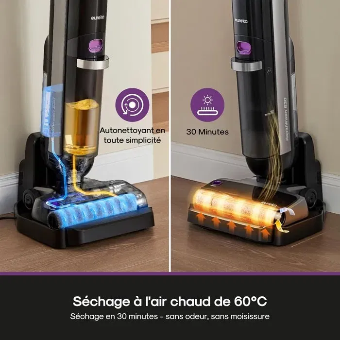 Eureka RapidWash NEW630 Aspirateur Laveur Sans Fil, Seche a Air Chaud 60°C, Inclinaison 170°, Autonomie 38 Min, 21600 Pa, Ideal Poils d'Animaux, Anti-Enchevetrement
