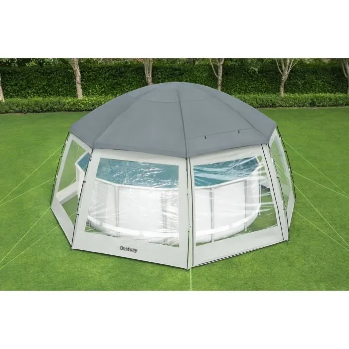 Bestway Dôme de Protection pour Piscine Octogonal 600 x 600 x 295 cm Gris, avec Toit Anti-UV UPF 50, 8 Fenêtres et 2 Entrées