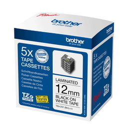 Brother TZe-231 - Lot de 5 rubans adhésifs laminés noir sur blanc pour imprimantes d'étiquettes P-touch - 12 mm de large, 8 mètres de long par cassette - Résistants et durables