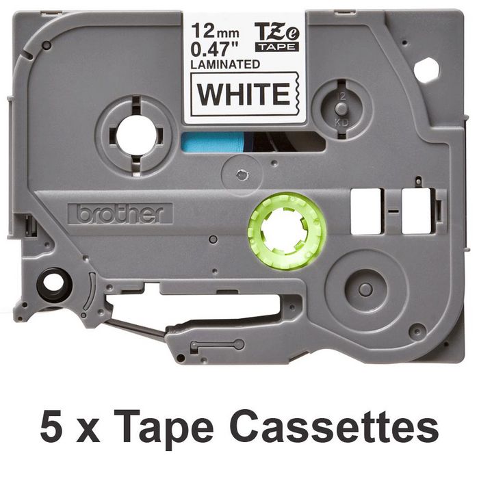 Brother TZe-231 - Lot de 5 rubans adhésifs laminés noir sur blanc pour imprimantes d'étiquettes P-touch - 12 mm de large, 8 mètres de long par cassette - Résistants et durables
