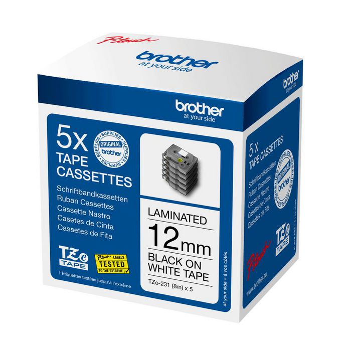 Brother TZe-231 - Lot de 5 rubans adhésifs laminés noir sur blanc pour imprimantes d'étiquettes P-touch - 12 mm de large, 8 mètres de long par cassette - Résistants et durables