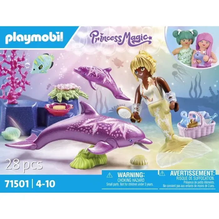 Playmobil 71501 Sirène avec dauphins, dauphins mobiles et personnage, coquillage décoratif et bébé dauphin