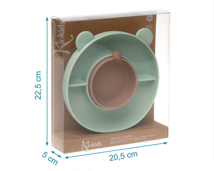 KioKids Plat en Siliconne Alimentaire avec Ventouse, Compartiments et Forme d'Ours Vert pour Bébé BLW +6 Mois