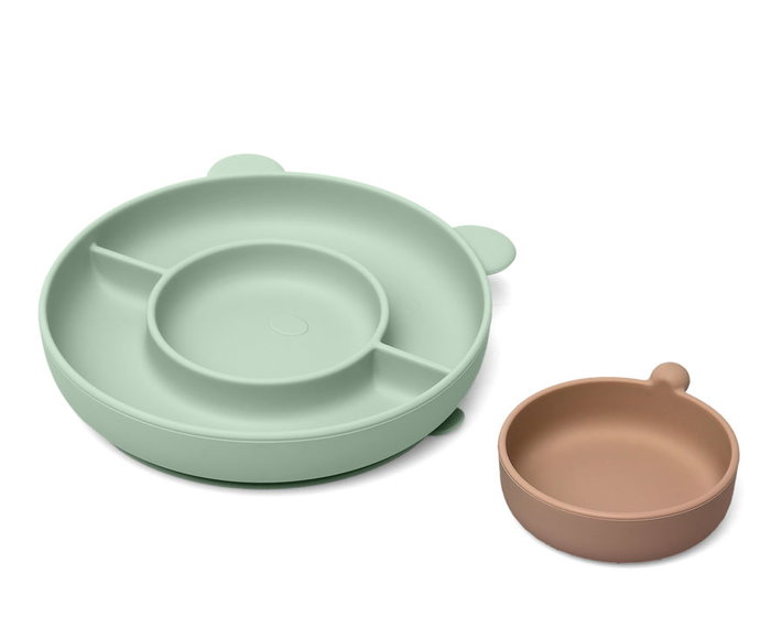 KioKids Plat en Siliconne Alimentaire avec Ventouse, Compartiments et Forme d'Ours Vert pour Bébé BLW +6 Mois