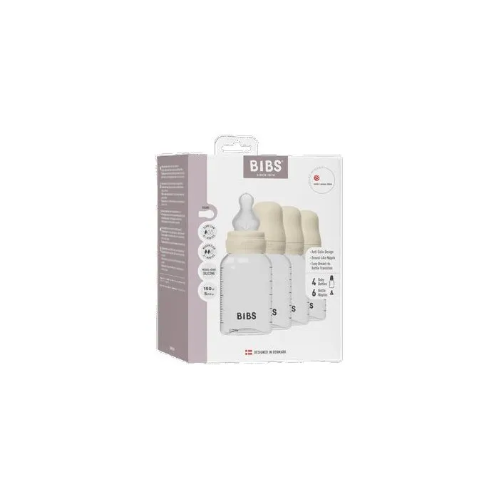 Bibs Lot de 4 biberons 150 ml, tétine silicone débit lent, Ivory