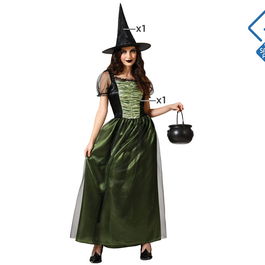 Déguisement de Sorcière Femme Adulte XL, Robe Verte Satinée Longue avec Chapeau Pointu pour Halloween et Fêtes