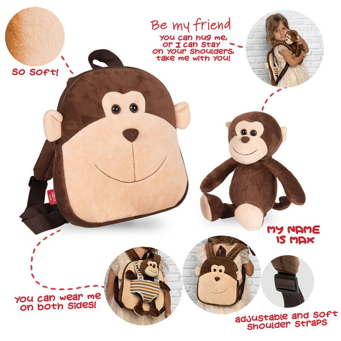 PERLETTI Mochila reversible avec peluche Mono Max, sac à dos pour école ou loisirs, dimensions 25 x 22 x 5 cm