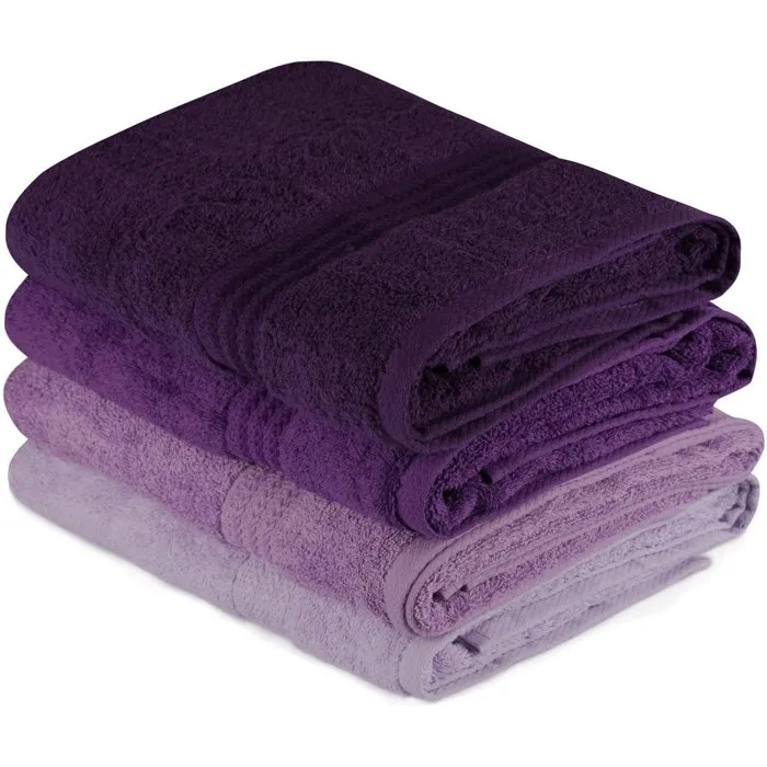Ensemble de 4 serviettes de bain en coton 100 % - 70 x 140 cm - Violet Ensemble de 4 serviettes de bain en coton 100 % - 70 x 140 cm - Violet