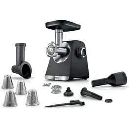 Bosch MFWS640B - Hachoir à viande série 6, 500 W, capacité 3.5 kg/min, 3 grilles, kit kebbés, filière à saucisses, râpeur/éminceur, noir
