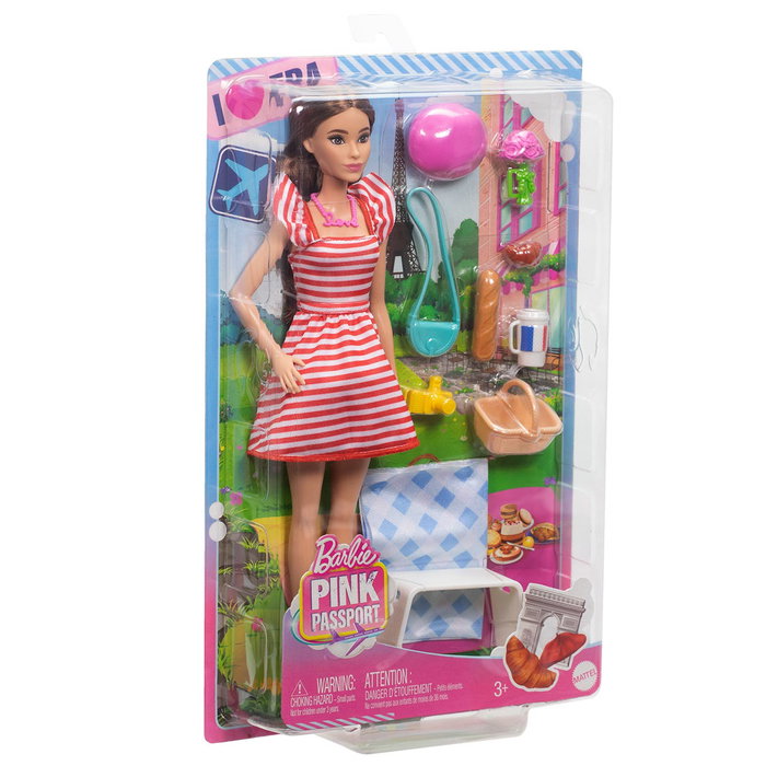 Barbie Poupée Pink Passport Paris Hwh99 Mattel - Ensemble Picnic avec Accessoires (Ceste, Fleurs, Croissant, Baguette) - Pour Enfants dès 3 ans