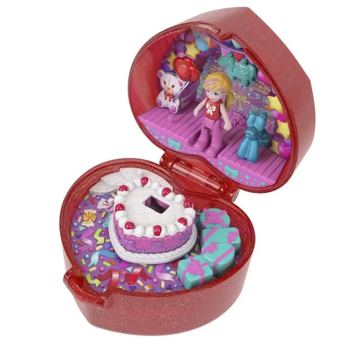 Polly Pocket - Coffret Boîte à Bijoux en Forme de Cœur Pailleté Rubis avec Bague - Anniversaire 80e Mattel - Réf. JGK21 - Pour Enfants 4 Ans et Plus