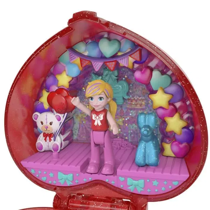 Polly Pocket - Coffret Boîte à Bijoux en Forme de Cœur Pailleté Rubis avec Bague - Anniversaire 80e Mattel - Réf. JGK21 - Pour Enfants 4 Ans et Plus