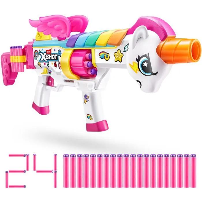 ZURU XSHOT Skins Blastercorn Rizz Master - Pistolet à fléchettes avec corne lumineuse et ailes - 24 fléchettes - Technologie Air Pocket - À partir de 8 ans