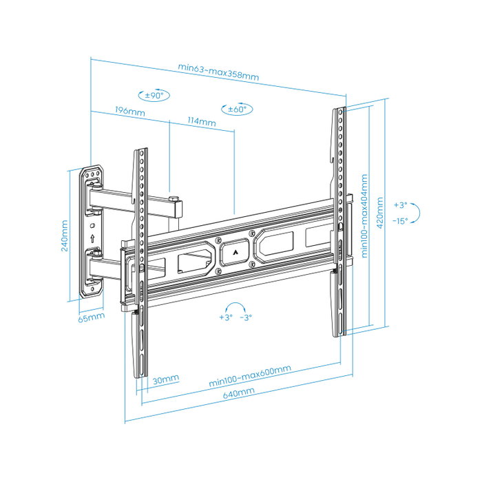 Tooq Support Mural pour Écrans 37-70 Pouces, VESA jusqu'à 600x400, Inclinable et Orientable, Noir