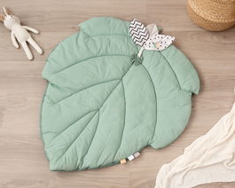KioKids Couverture d'activités sensorielle en forme de feuille en coton pour bébé +2 mois avec mordedor de silicona, jouet crépitant et étiquettes de tissu - Vert salvia