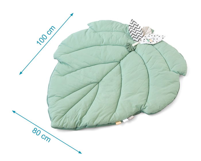 KioKids Couverture d'activités sensorielle en forme de feuille en coton pour bébé +2 mois avec mordedor de silicona, jouet crépitant et étiquettes de tissu - Vert salvia