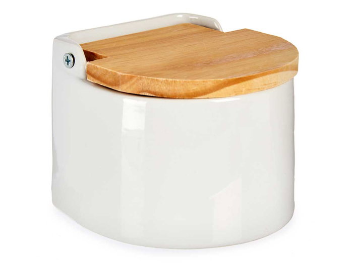 Vessia Salero Blanc Semi-Circulaire avec Couvercle 11x9x11 cm Céramique et Bois (Set de 24)