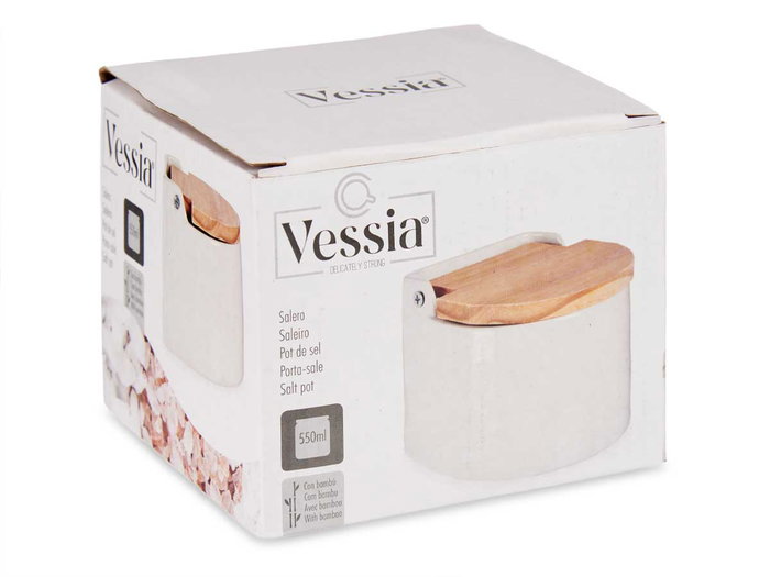 Vessia Salero Blanc Semi-Circulaire avec Couvercle 11x9x11 cm Céramique et Bois (Set de 24)