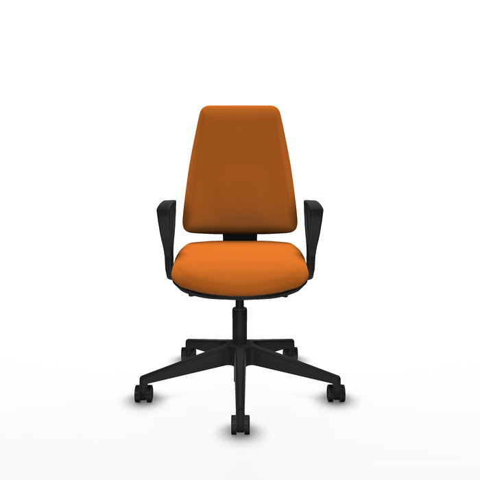 Chaise Elche Asynchrone Cuir écologique Orange Base pyramidale noire Accoudoirs fixes Sans appui-tête Roulettes 65mm nylon