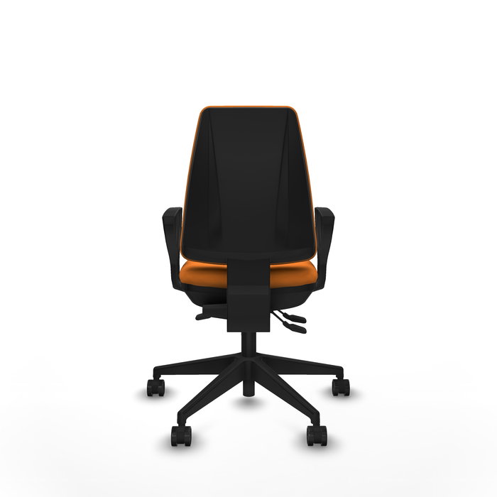 Chaise Elche Asynchrone Cuir écologique Orange Base pyramidale noire Accoudoirs fixes Sans appui-tête Roulettes 65mm nylon