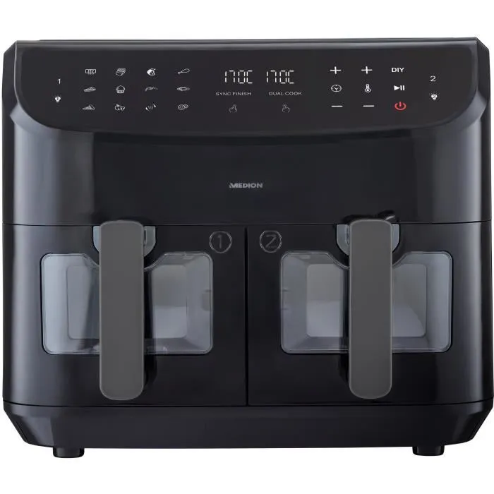 Medion P20 XXL Twin Friteuse à Air Chaud Noir - 2 paniers, 9 programmes, 2600 W - Application avec recettes Medion P20 XXL Twin Friteuse à Air Chaud Noir - 2 paniers, 9 programmes, 2600 W - Application avec recettes