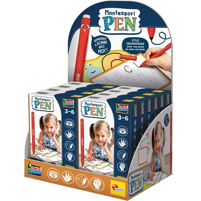 Liscianigiochi Stylo Ergonomique Montessori Pen + Fiches - Jeu Éducatif Premiers Mots pour Apprentissage et Bonne Prise en Main - À Partir de 3 Ans