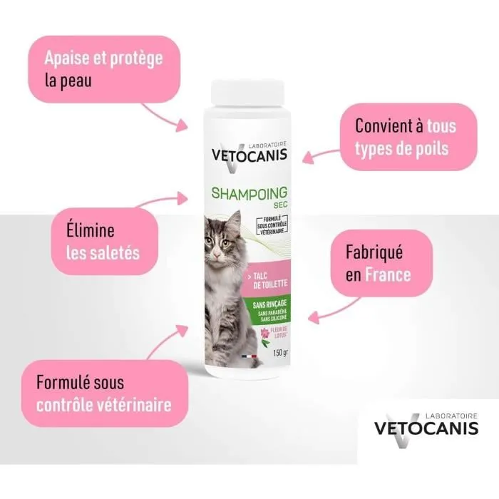 VETOCANIS Shampoing Sec en Poudre pour Chat, 150 g - Nettoyage Sans Eau du Pelage, Absorbe Graisses et Salissures