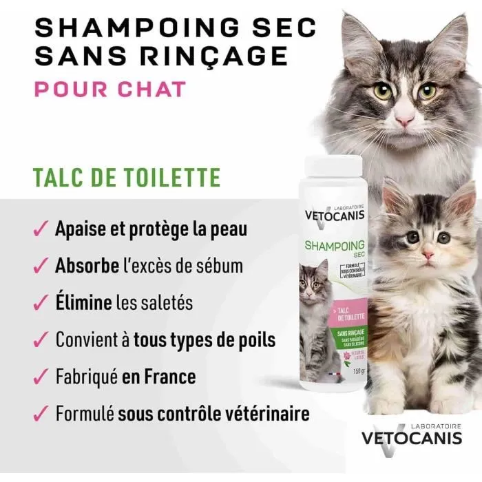 VETOCANIS Shampoing Sec en Poudre pour Chat, 150 g - Nettoyage Sans Eau du Pelage, Absorbe Graisses et Salissures